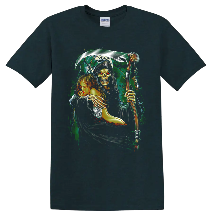 Gothic Grim Reaper holding a woman with a skull, red hair, and scythe on a Midnight (Green) T Shirt