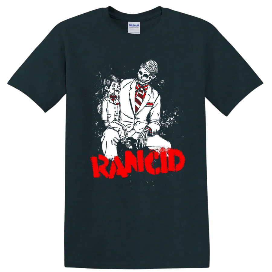 Rancid suited skeleton duo illustration with red tie accents and distressed logo on a Midnight (Green) T Shirt