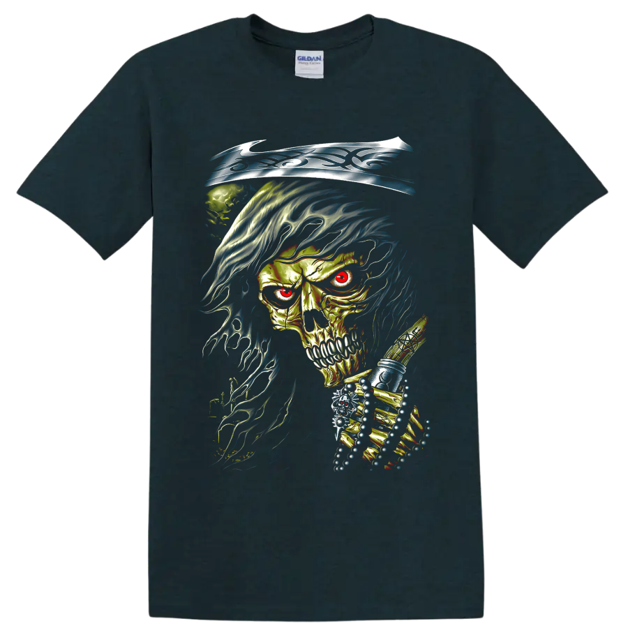 Fiery gothic skull with sweeping blue flame-like dark art illustration on a Midnight (Green) T Shirt