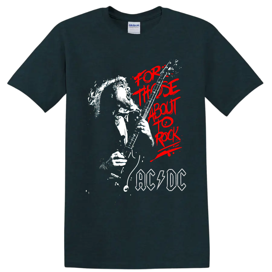 Angus Young guitar illustration with red For Those About to Rock text and AC/DC logo on a Midnight (Green) T Shirt