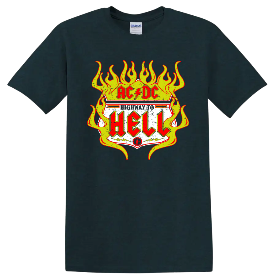 AC/DC Highway to Hell distressed road sign graphic with yellow flames and red lettering on a Midnight (Green) T Shirt