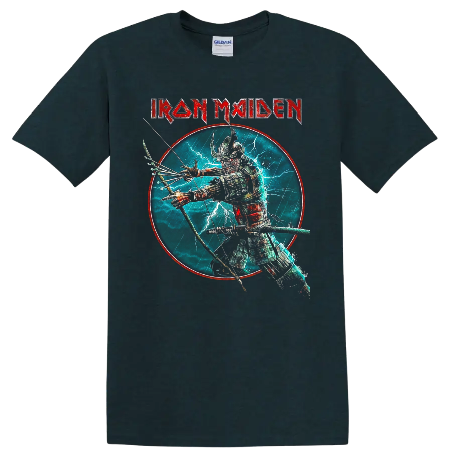 Iron Maiden Eddie the Head samurai archer graphic with lightning and band logo on a Midnight (Green) T Shirt