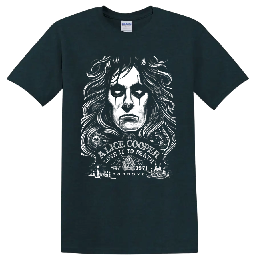 Alice Cooper Love It to Death gothic face illustration with occult symbols and candles on a Midnight (Green) T Shirt