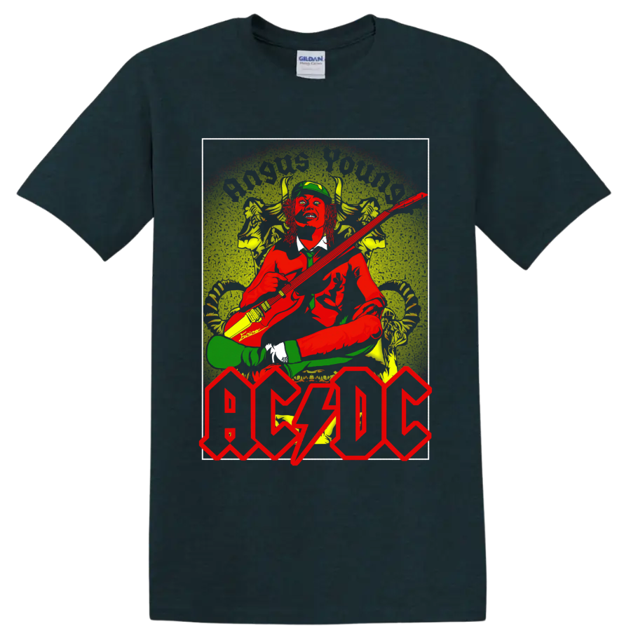 Angus Young guitar performance in distressed AC/DC vintage rock-poster artwork on a Midnight (Green) T Shirt