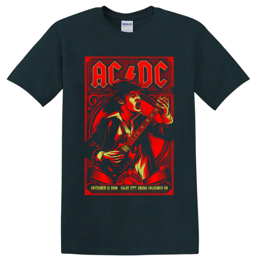 AC/DC Black Ice World Tour poster art with Angus Young playing electric guitar on a Midnight (Green) T Shirt