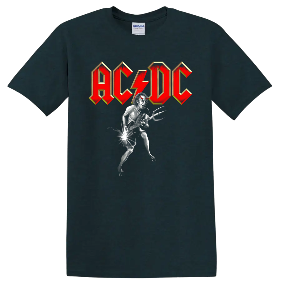 AC/DC logo with a monochrome devil guitarist and electric guitar graphic on a Midnight (Green) T Shirt
