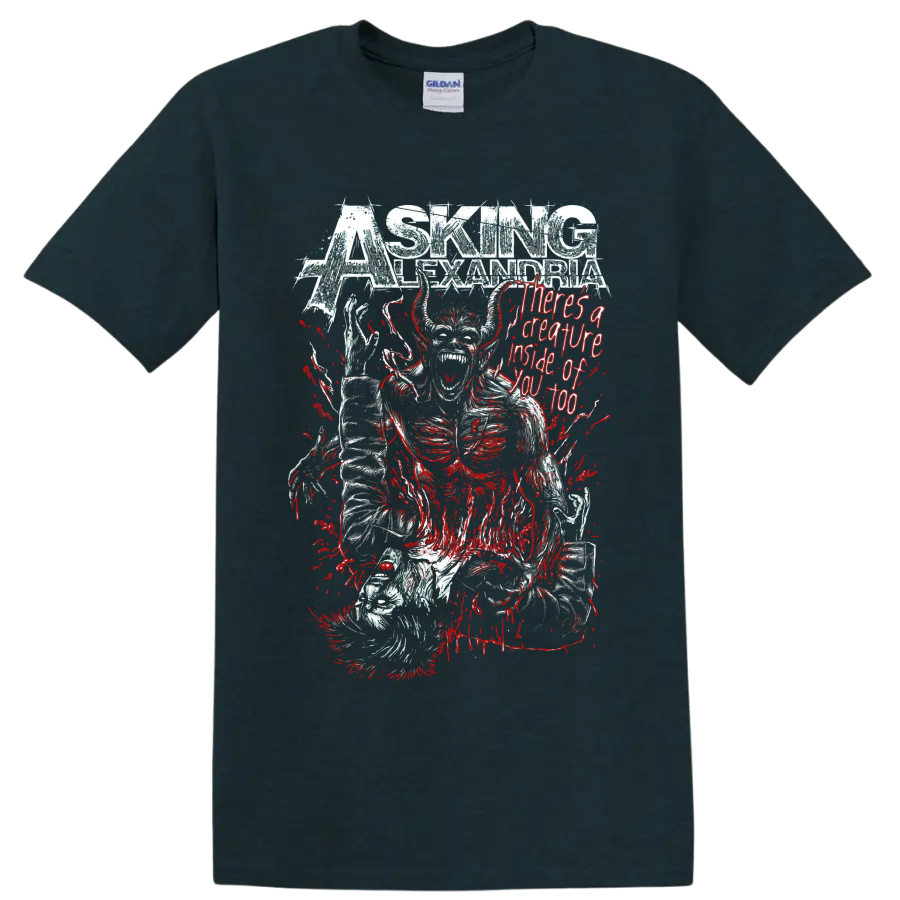 Asking Alexandria horned creature horror graphic with red splatter and distressed on a Midnight (Green) T Shirt