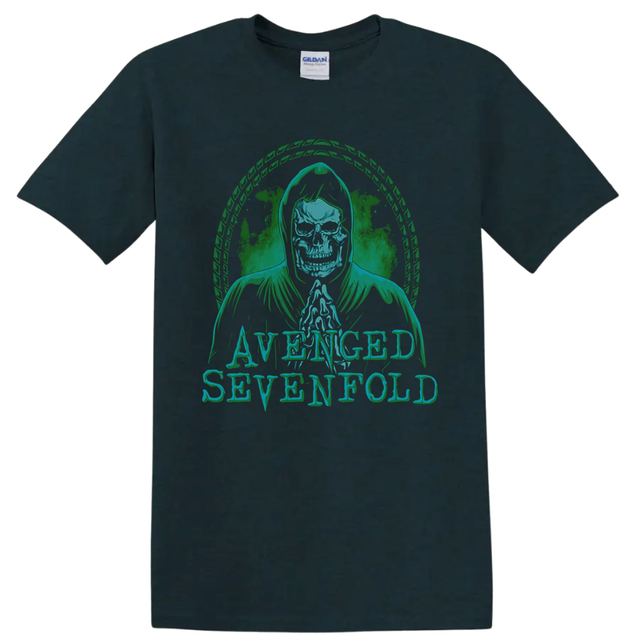 Avenged Sevenfold hooded skull Deathbat-inspired distressed rock graphic on a Midnight (Green) T Shirt