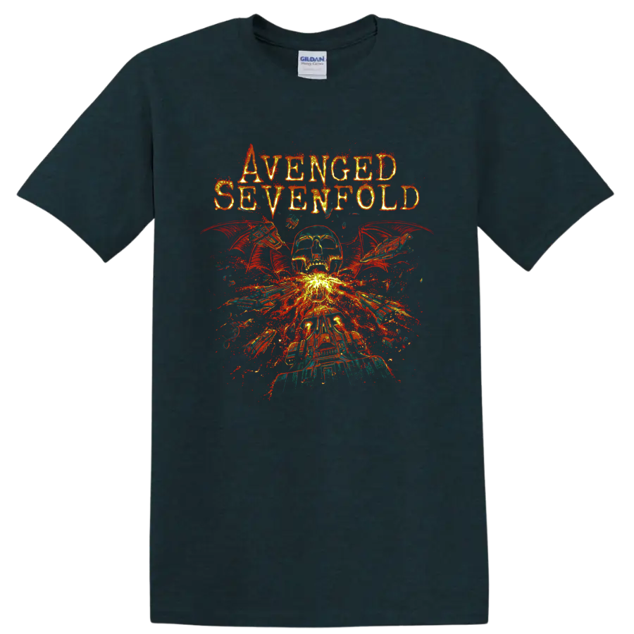 Avenged Sevenfold Deathbat skull with wings and fiery distressed explosion graphic on a Midnight (Green) T Shirt