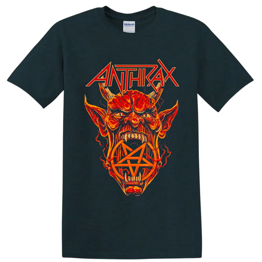 Anthrax logo above fiery horned demon artwork with a pentagram on a Midnight (Green) T Shirt