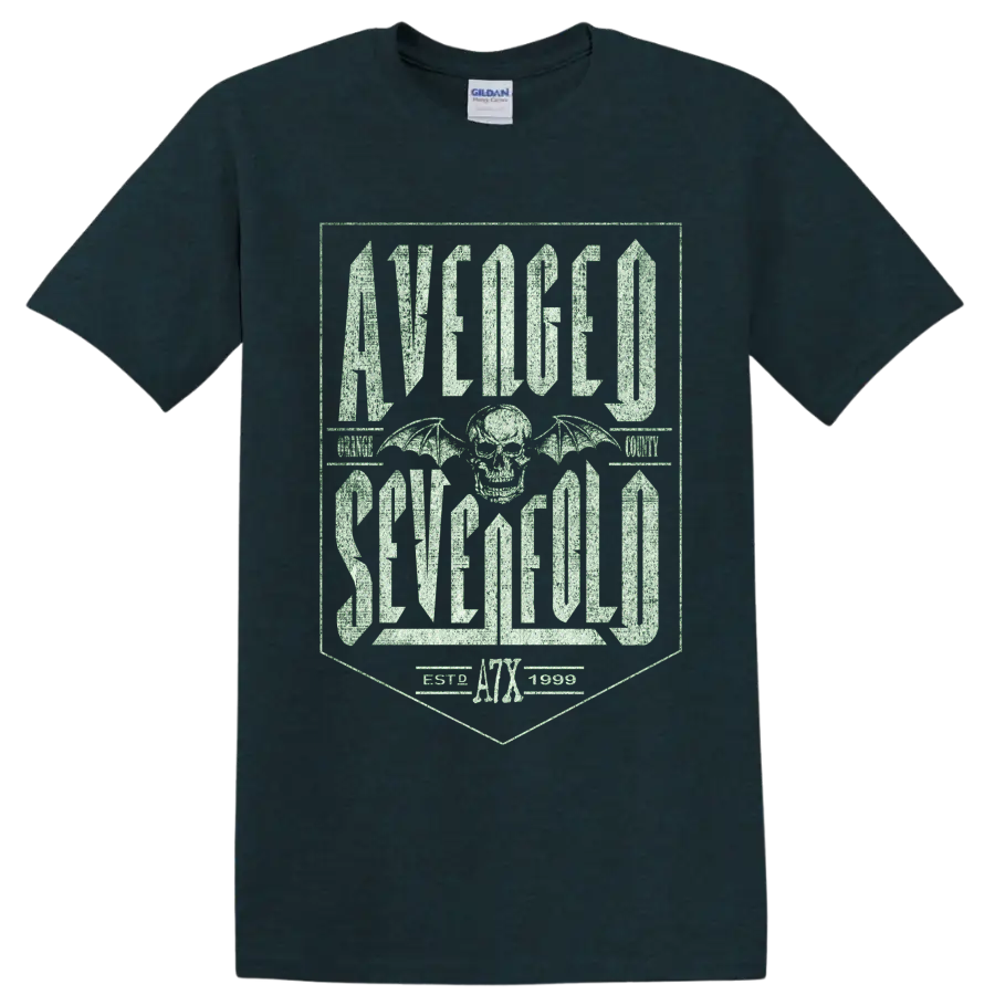 Avenged Sevenfold Deathbat skull and wings with distressed gothic lettering and A7X on a Midnight (Green) T Shirt