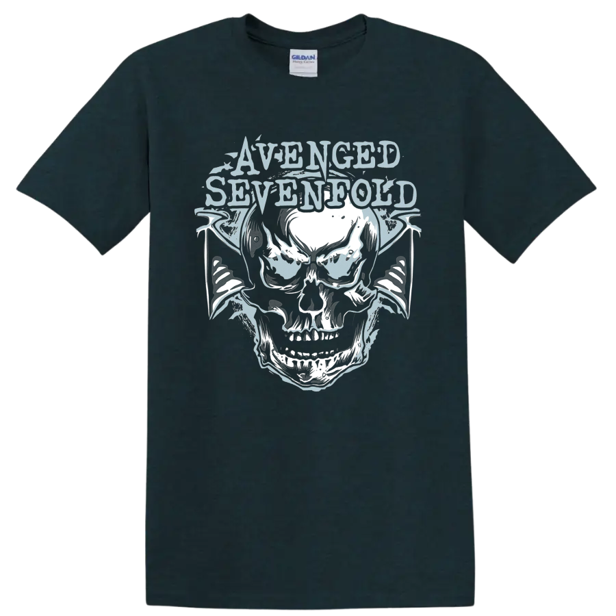 Avenged Sevenfold Deathbat skull with bat wings in distressed metal graphic style on a Midnight (Green) T Shirt