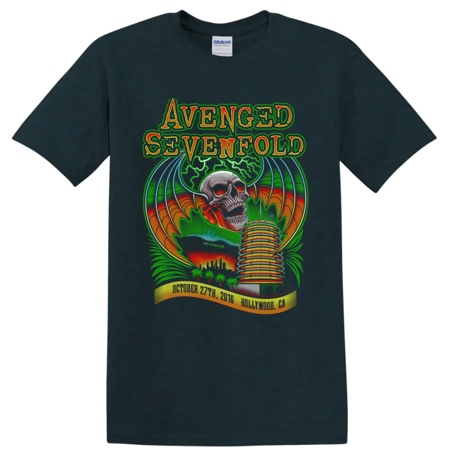 Avenged Sevenfold Hollywood skull concert poster graphic with bats, palms, and Capitol on a Midnight (Green) T Shirt