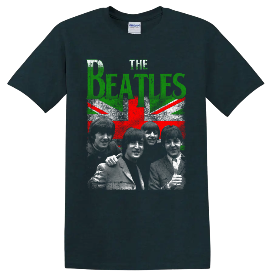 The Beatles portraits with distressed green lettering and Union Jack-inspired graphic on a Midnight (Green) T Shirt