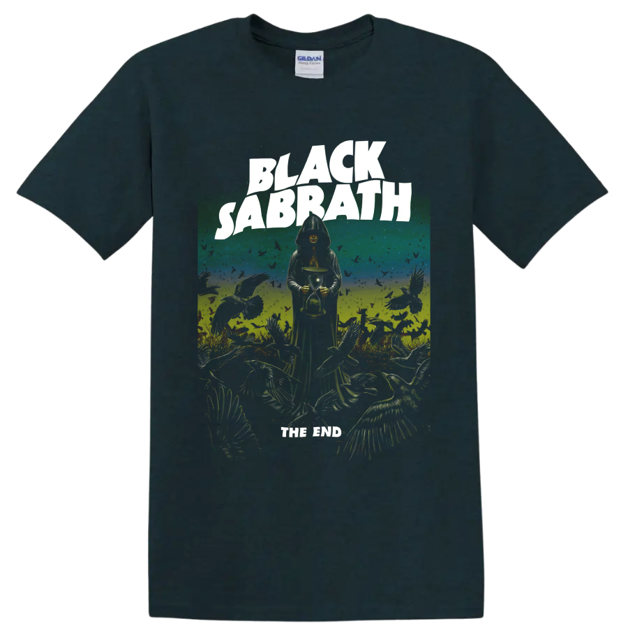 Black Sabbath The End Tour gothic reaper and hourglass graphic print on a Midnight (Green) T Shirt