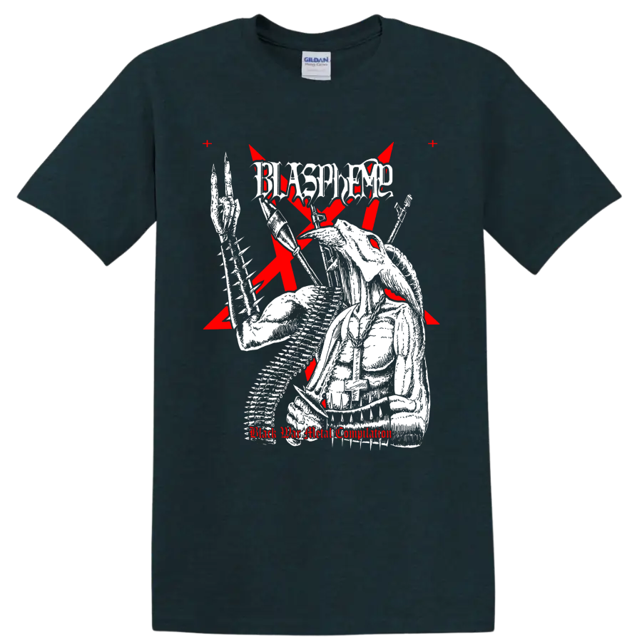 Blasphemy skeletal armored warrior graphic with red crosses and distressed logo on a Midnight (Green) T Shirt
