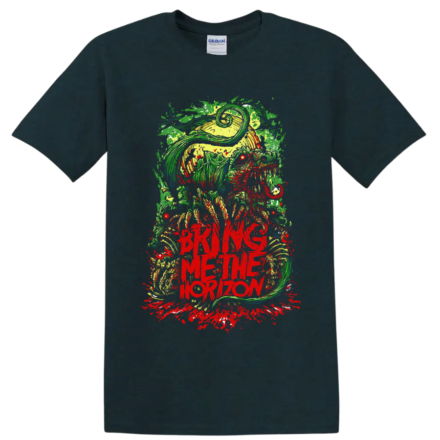Bring Me the Horizon neon hooded skull horror graphic with red splatter on a Midnight (Green) T Shirt