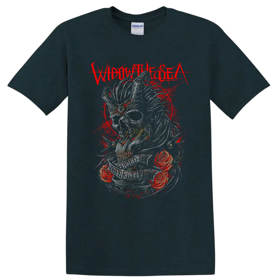 Widow the Sea skull and roses graphic with distressed red splatter on a Midnight (Green) T Shirt