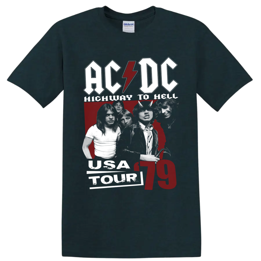 AC/DC Highway to Hell USA Tour 79 band photo collage with lightning-bolt logo on a Midnight (Green) T Shirt