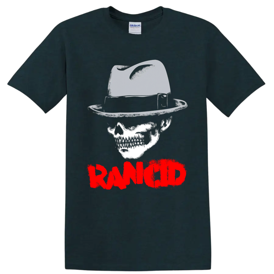 Rancid skull and raised boot graphic with distressed red wordmark on a Midnight (Green) T Shirt