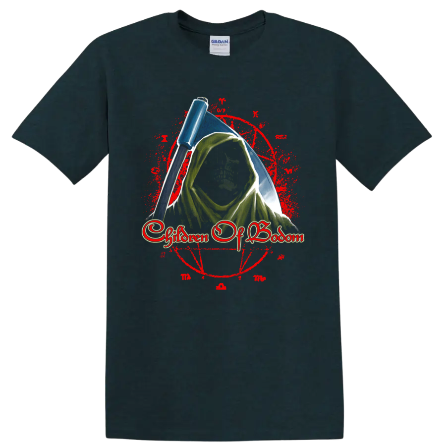 Children of Bodom Roy reaper mascot with blue scythe and distressed red circle on a Midnight (Green) T Shirt