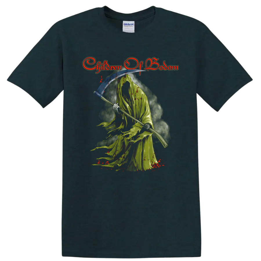 Children of Bodom logo above a distressed hooded reaper holding a scythe on a Midnight (Green) T Shirt