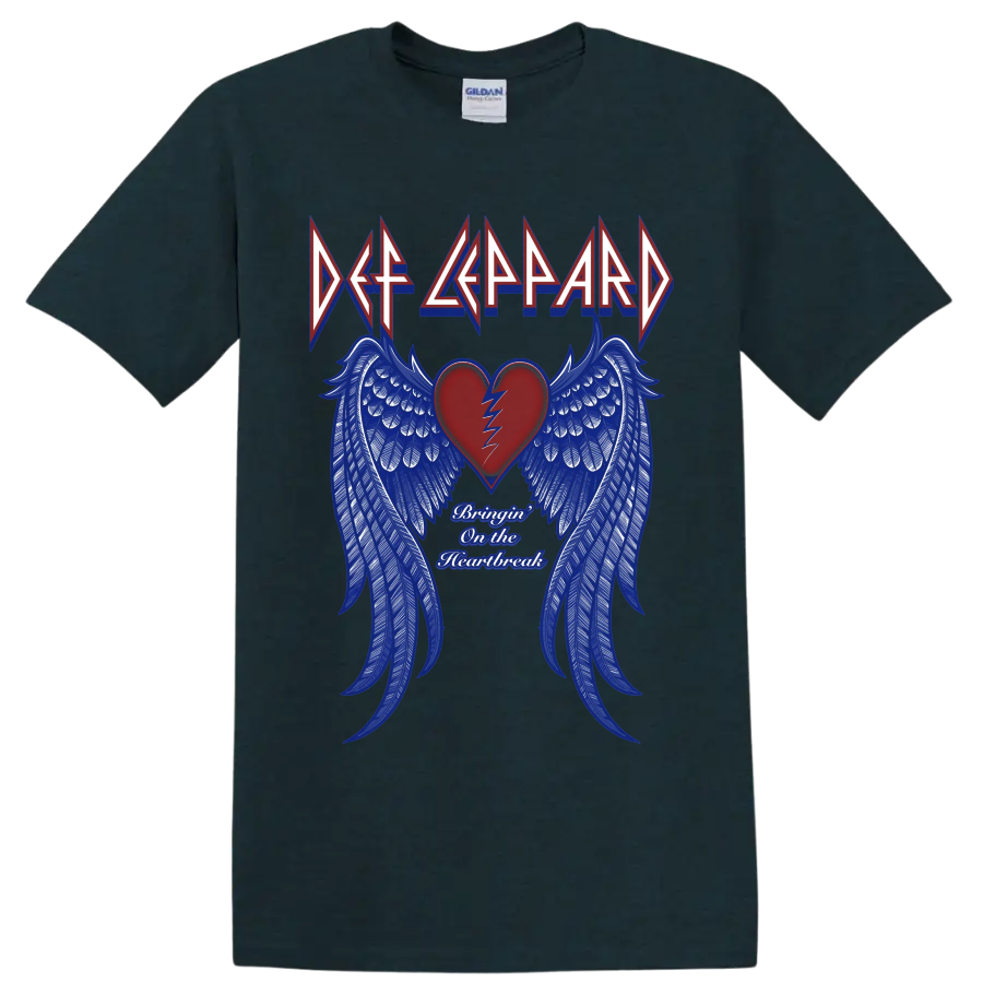 Def Leppard Bringin' on the Heartbreak broken heart and blue wing graphic on a Midnight (Green) T Shirt