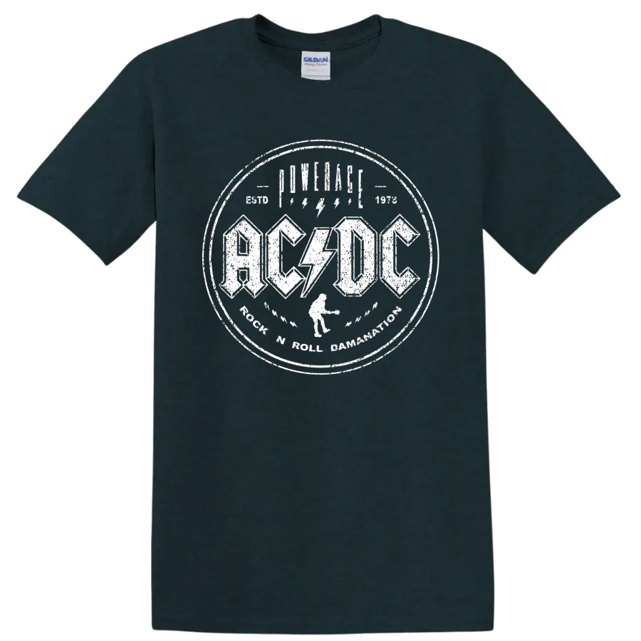 AC/DC Rock 'N' Roll Damnation distressed circular logo with lightning bolts on a Midnight (Green) T Shirt