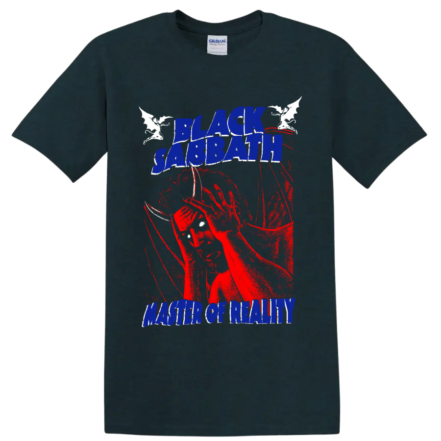 Black Sabbath Master of Reality distressed lettering with red guitarist and bats on a Midnight (Green) T Shirt