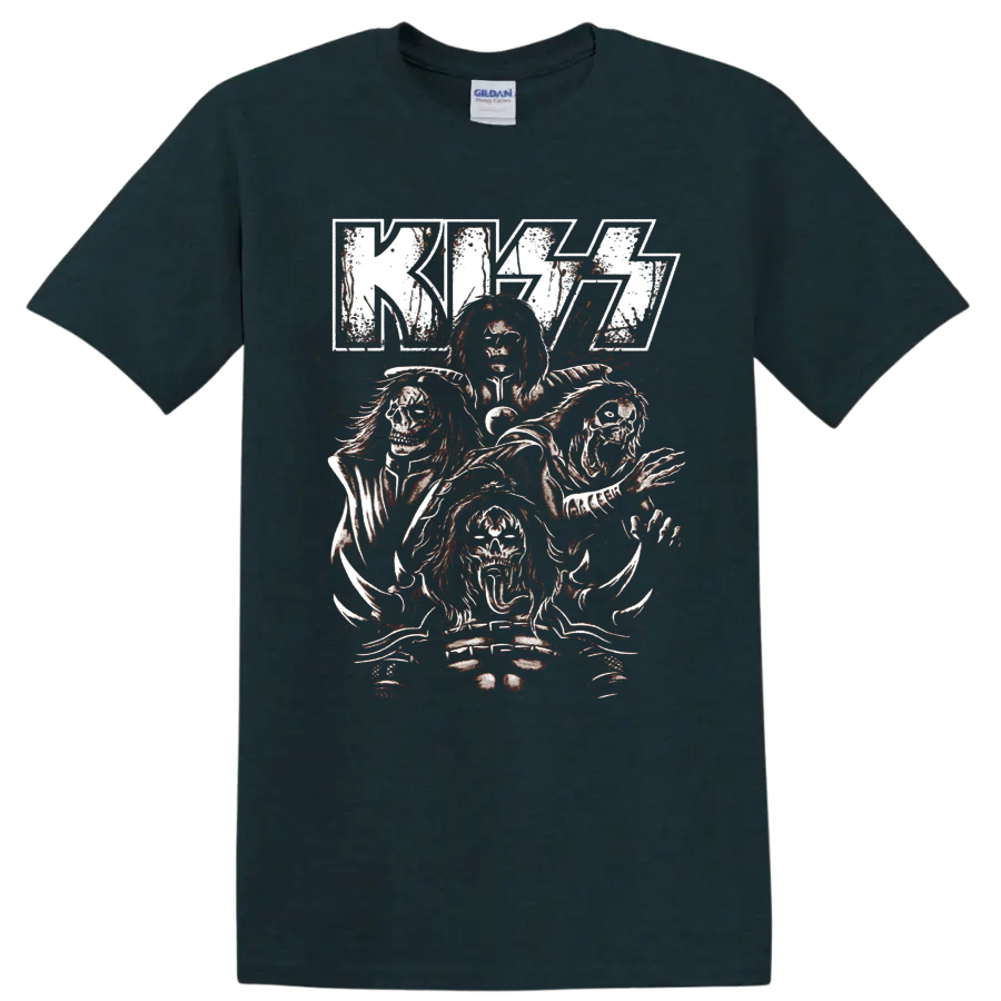 KISS logo with four distressed skull-faced rock figures and red splatter art on a Midnight (Green) T Shirt