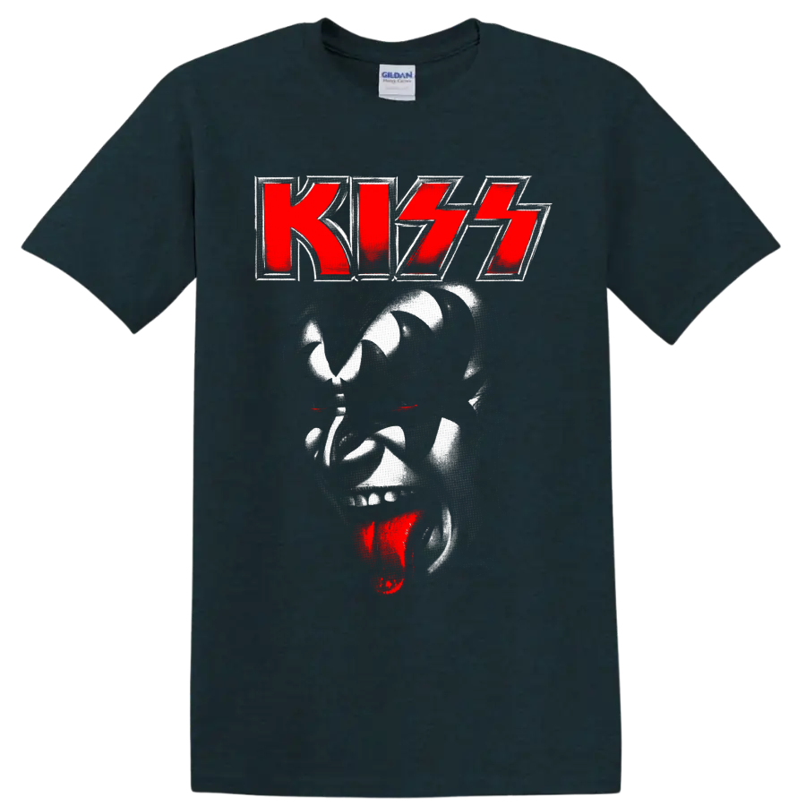 KISS red logo above distressed Demon face with red eyes and tongue graphic on a Midnight (Green) T Shirt