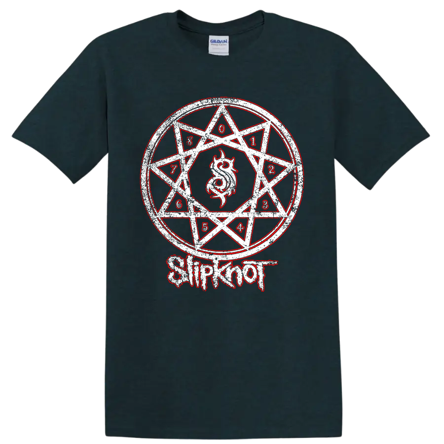 Distressed Slipknot numbered nonagram with horned emblem and red-and-white metal art on a Midnight (Green) T Shirt