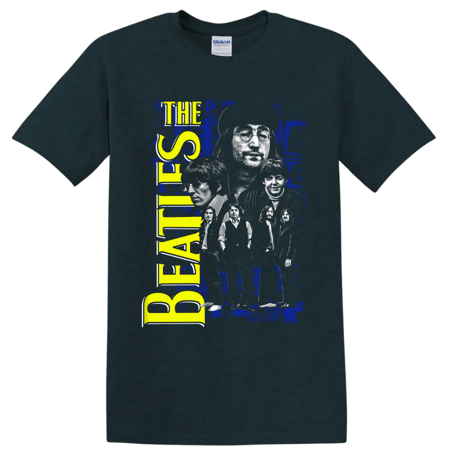 The Beatles distressed blue and yellow portrait collage with vertical band lettering on a Midnight (Green) T Shirt