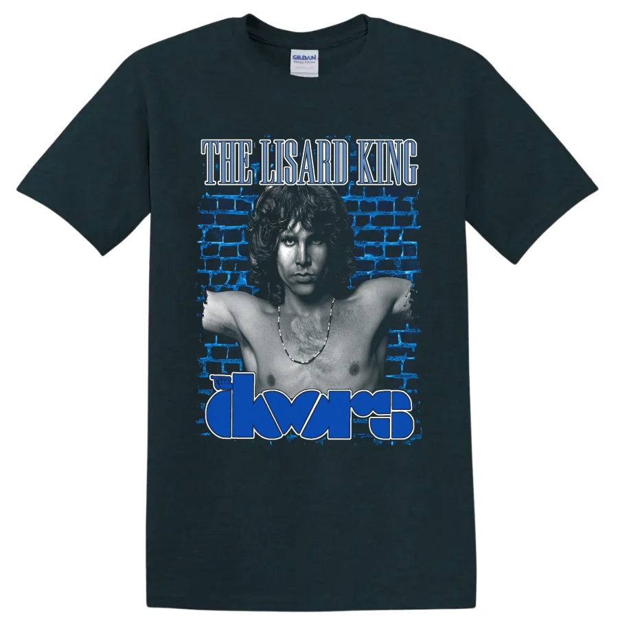Jim Morrison The Lizard King portrait with The Doors logo and blue brick wall on a Midnight (Green) T Shirt