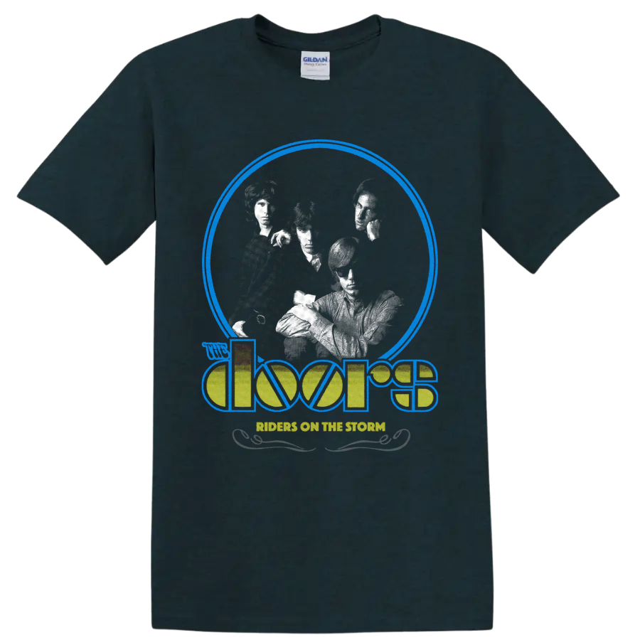 The Doors Riders on the Storm retro graphic with grayscale band portraits and logo on a Midnight (Green) T Shirt