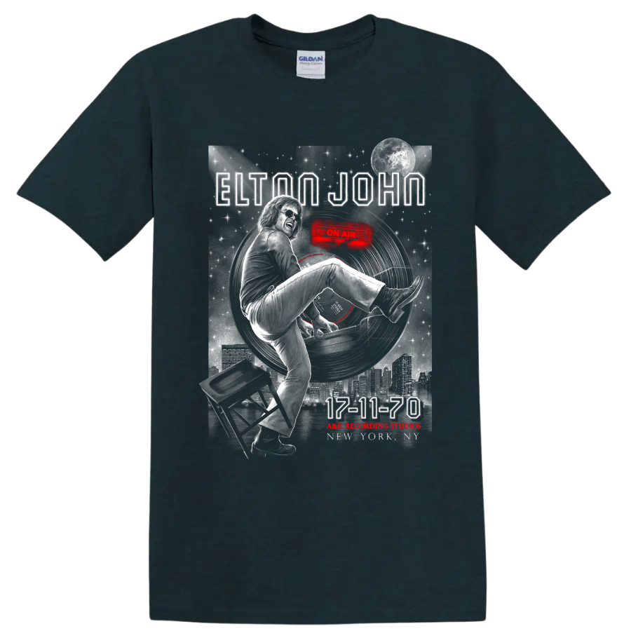 Elton John 17-11-70 vintage poster graphic with piano, moon, skyline, and red accents on a Midnight (Green) T Shirt
