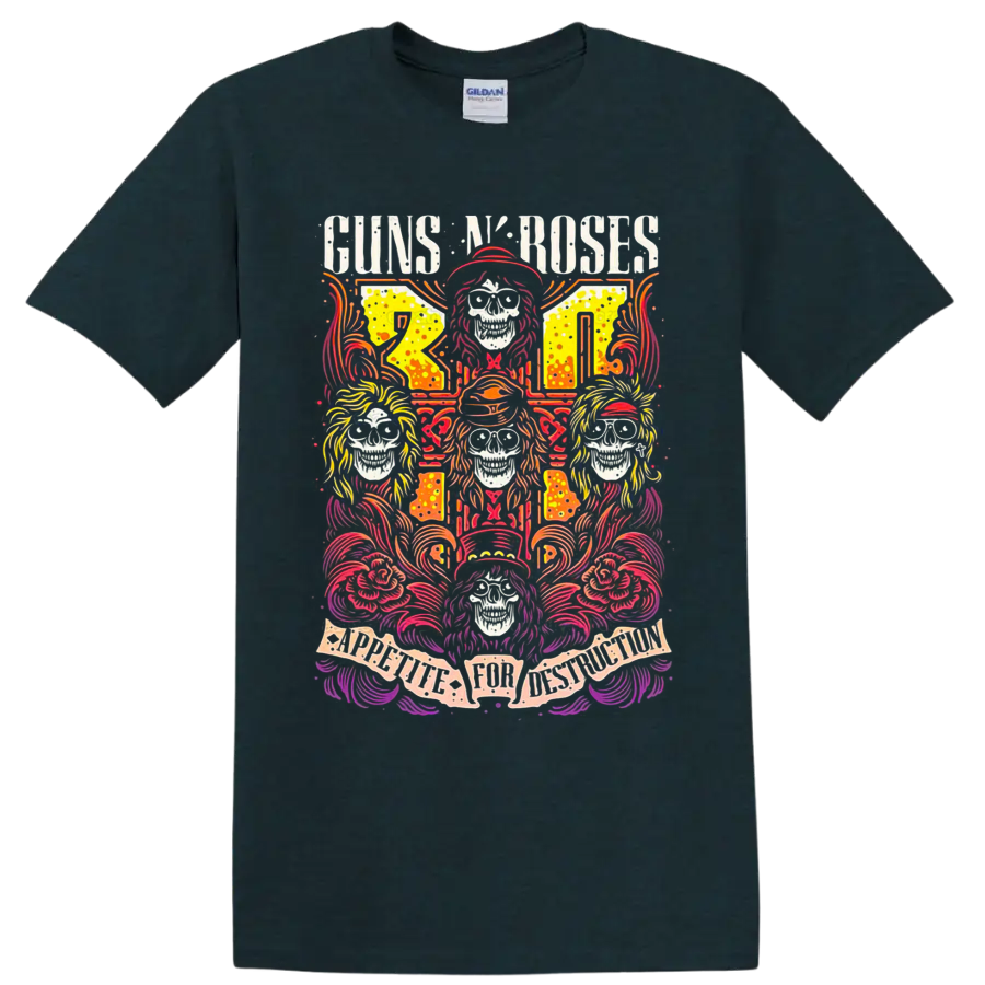 Guns N' Roses Appetite for Destruction skull and roses psychedelic rock art on a Midnight (Green) T Shirt