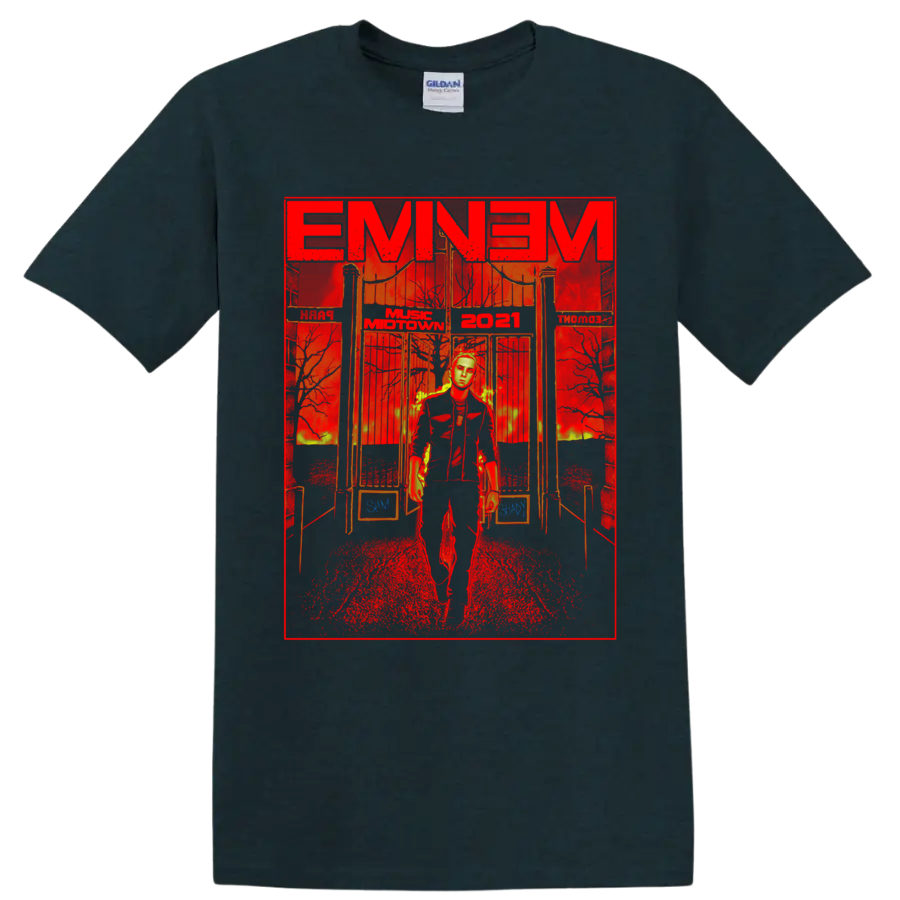 Eminem in a dramatic red and gold Music Midtown 2021 festival performance graphic on a Midnight (Green) T Shirt