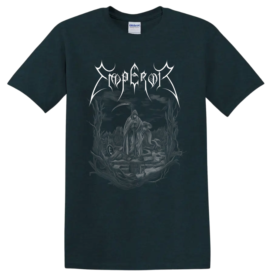 Emperor gothic logo above hooded figures in a dark black metal fantasy landscape on a Midnight (Green) T Shirt