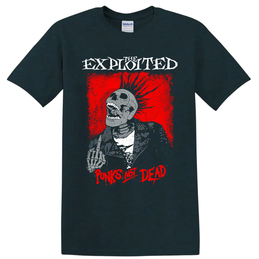 The Exploited Punks Not Dead skeletal punk graphic with distressed red artwork on a Midnight (Green) T Shirt