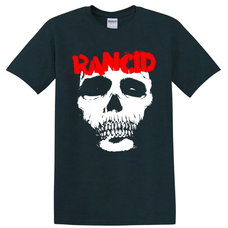 Rancid distressed red logo above a bold white skull punk graphic on a Midnight (Green) T Shirt