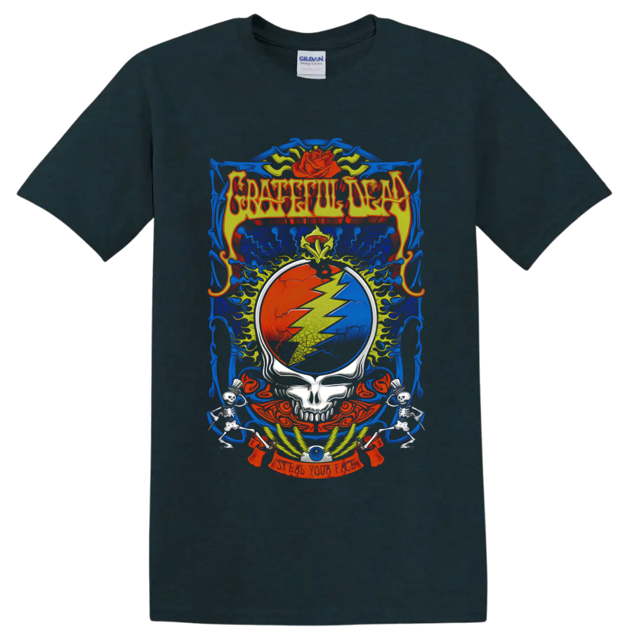 Grateful Dead Steal Your Face skull lightning bolt with roses, wings, and skeletons on a Midnight (Green) T Shirt