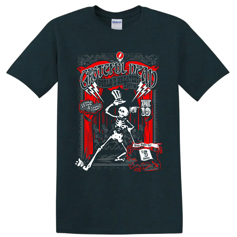 Grateful Dead World's Greatest Show skeleton and lightning concert poster graphic on a Midnight (Green) T Shirt