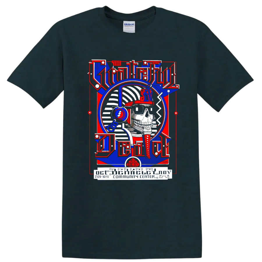 Grateful Dead Pharaoh skull poster with headphones and lightning bolt emblem on a Midnight (Green) T Shirt
