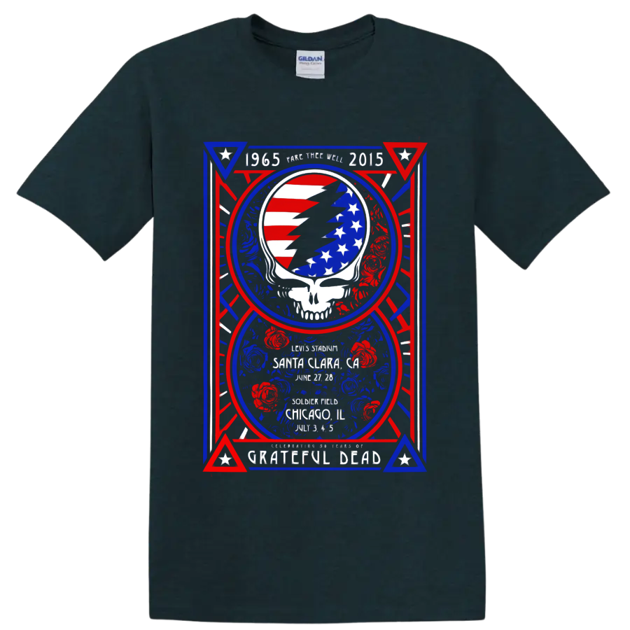 Grateful Dead Fare Thee Well poster with American flag lightning skull and roses on a Midnight (Green) T Shirt