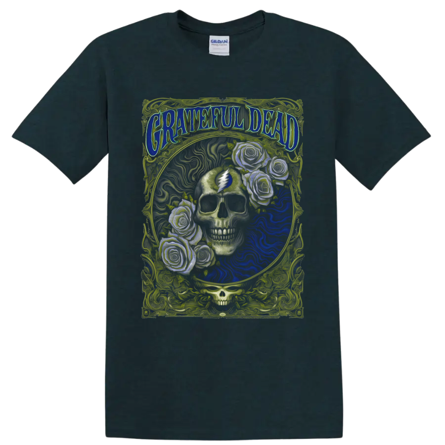 Grateful Dead psychedelic skull and roses poster art with lightning bolt symbol on a Midnight (Green) T Shirt