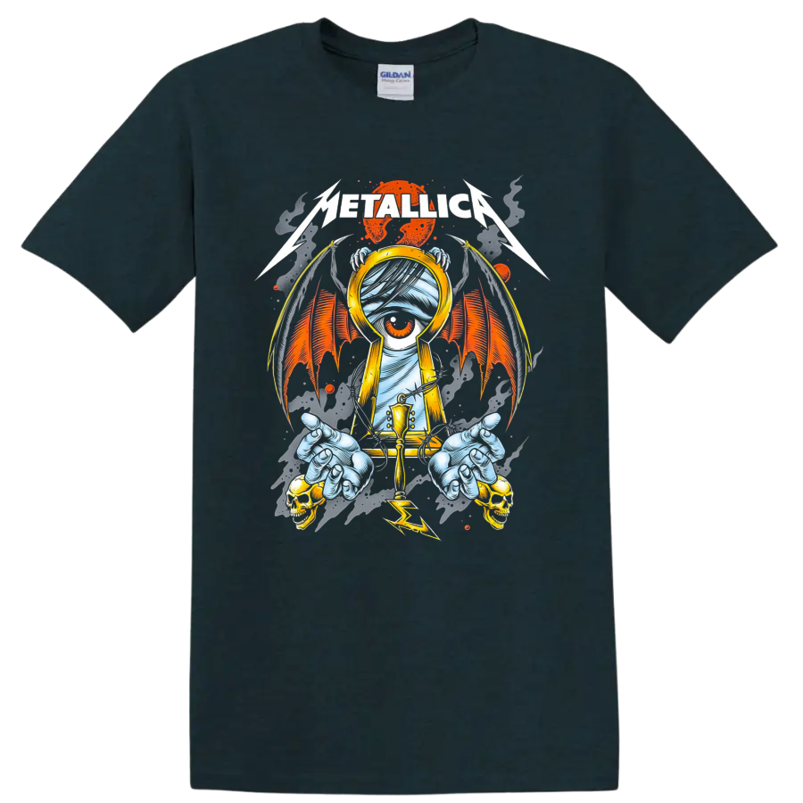 Metallica gothic keyhole eye artwork with bat wings, skulls, claws, and lightning on a Midnight (Green) T Shirt