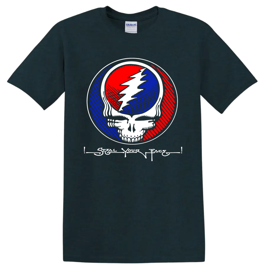 Grateful Dead Steal Your Face skull and lightning emblem in red, white, and blue on a Midnight (Green) T Shirt