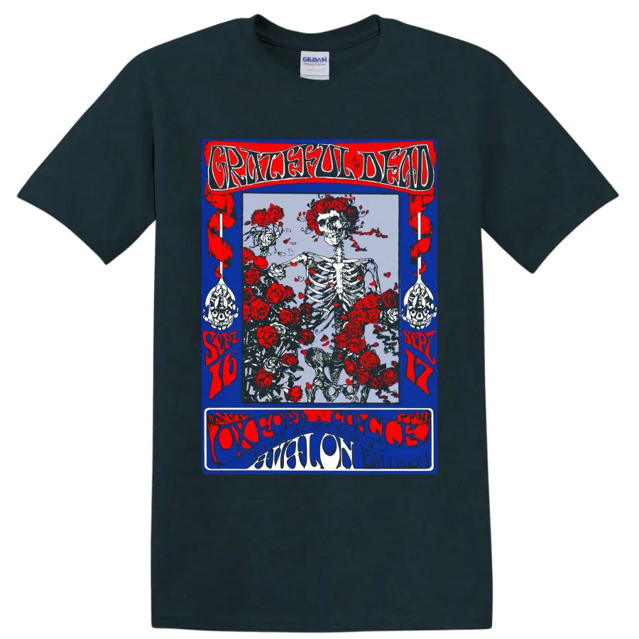 Grateful Dead skeleton and red roses distressed psychedelic concert poster graphic on a Midnight (Green) T Shirt