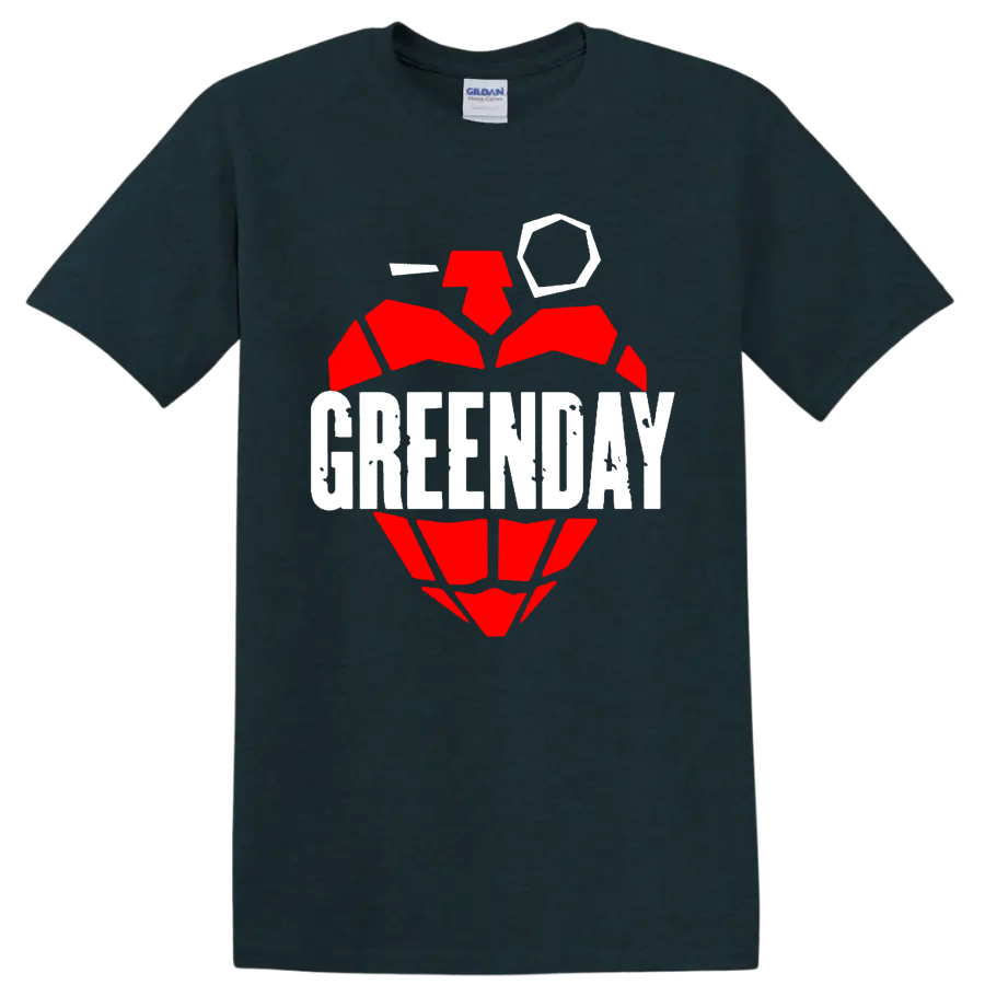 Green Day text over a distressed red grenade-heart punk rock graphic on a Midnight (Green) T Shirt